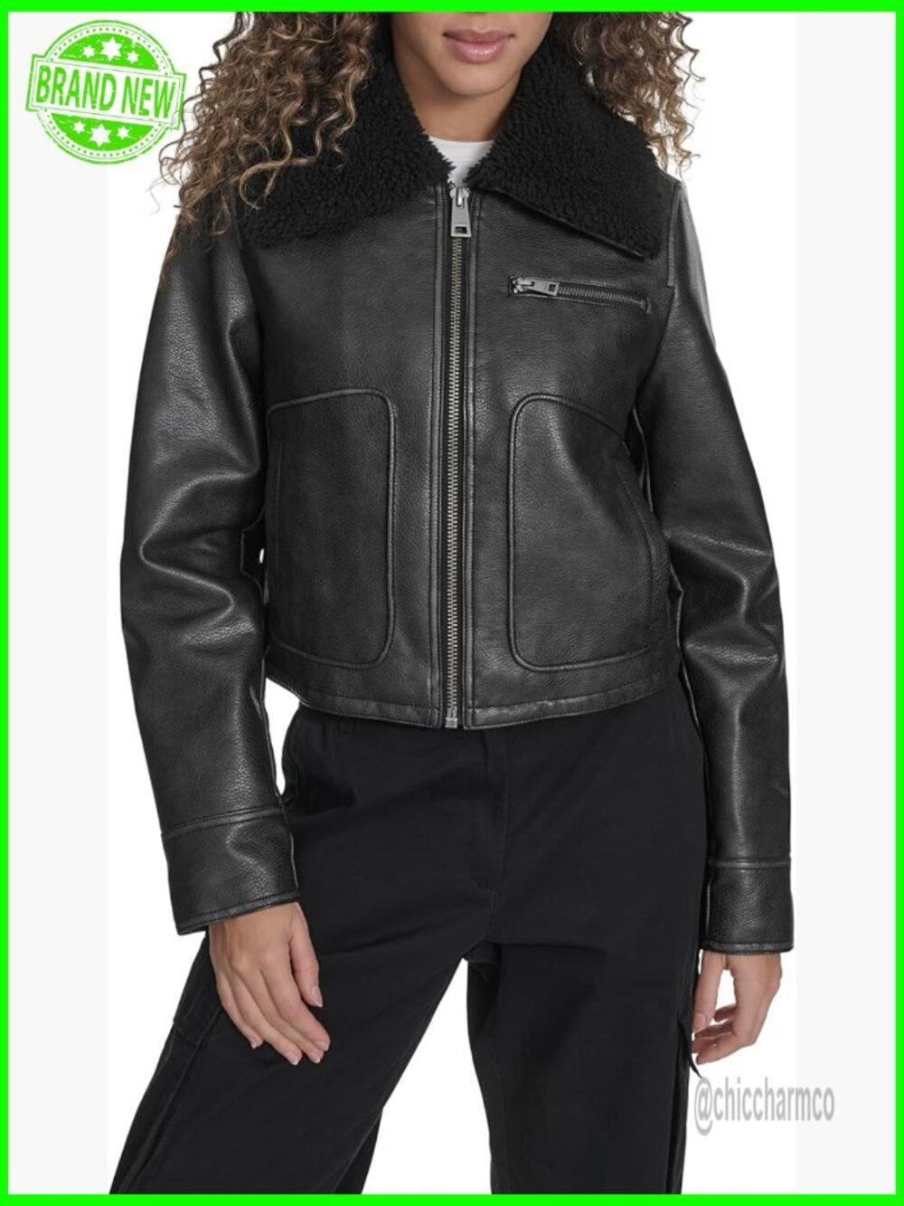 Faux Leather Aviator Jacket with Quilted Lining and Pockets